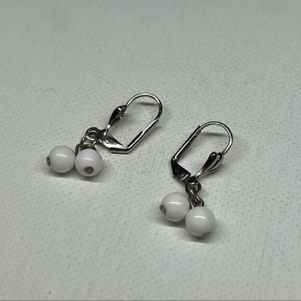 Vintage Silver Tone and White Beaded Drop Leverback Earrings